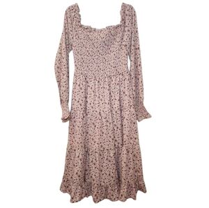 Aura Boho Floral Midi Dress Smocked Fit&Flare Long Sleeve Romantic Fluence Sz L